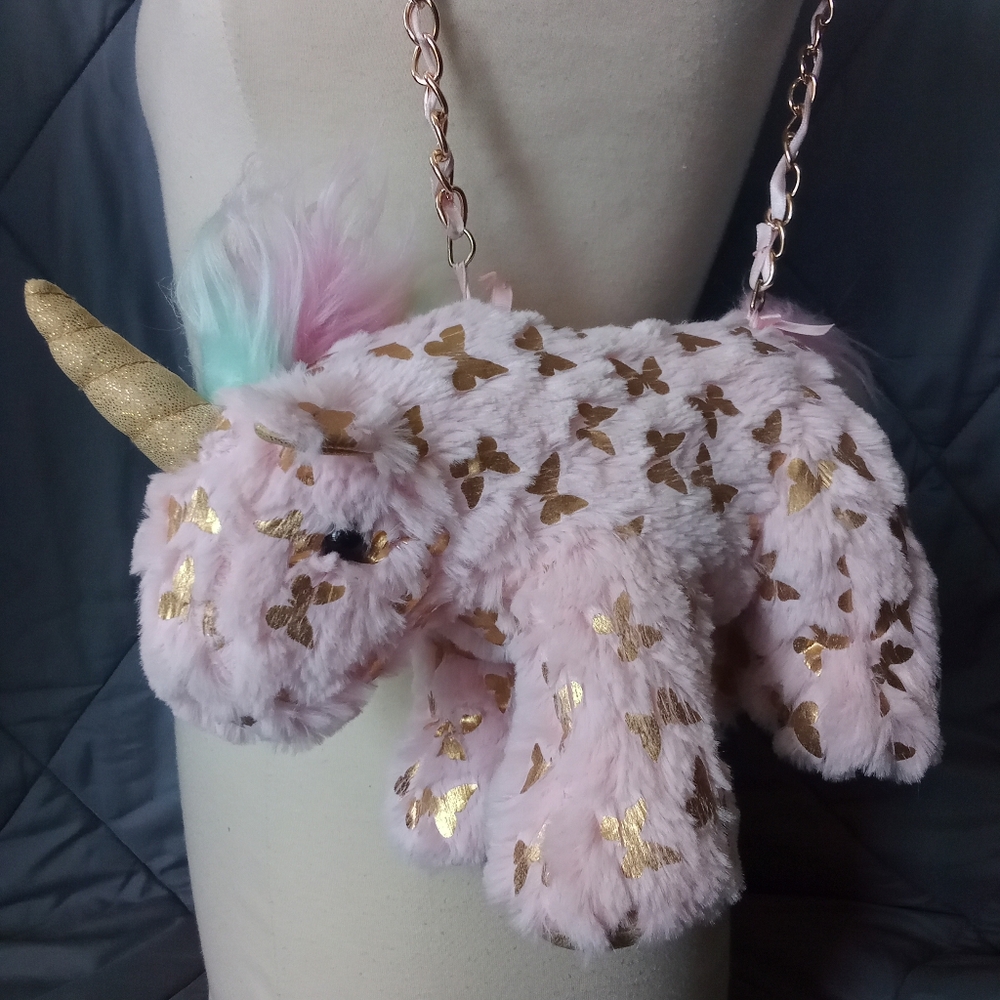 Olly & Me Pink Unicorn Purse With Gold Butterfly Pastel Pattern Plush Bag